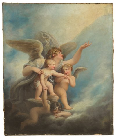 Een engel en putti die de ziel van een kind naar de hemel begeleiden door Maria Hadfield Cosway