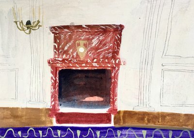Interieur met rode schoorsteen, 2018 (aquarel en tempera op papier) door Maria Magenta