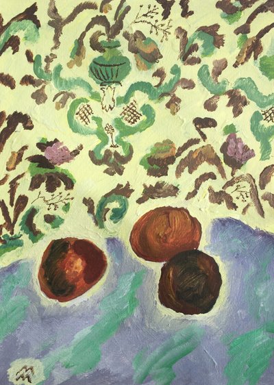 Stilleven met drie perziken, 2021 (acryl en aquarel op papier) door Maria Magenta