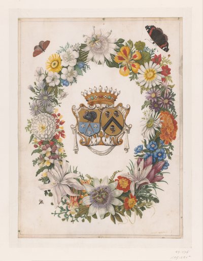Alliantiewapen van Cornelis Calkoen en Maria van der Merct in een krans van bloemen door Maria Moninckx