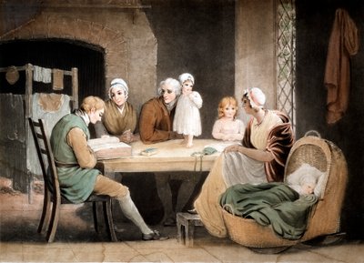 Drie generaties luisteren naar een lezing uit de familie Bijbel door Maria Spilsbury