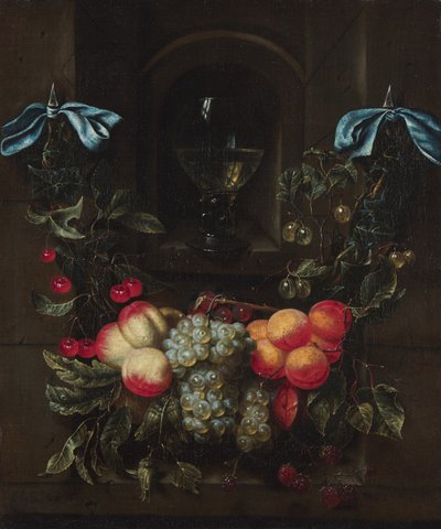 Stilleven met een krans van fruit door Maria Tassaert