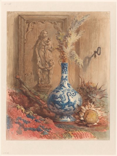 Stilleven met Chinese vaas en gedroogde zonnebloemen door Maria Vos