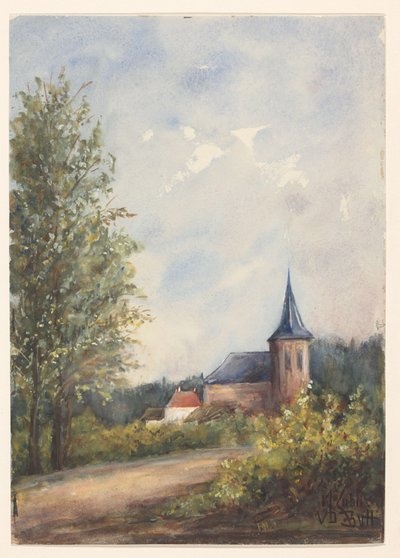 Landschap met kerk door Maria Zubli van den Berch van Heemstede (signed by artist)