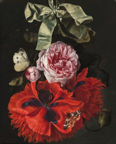 Rozen en anjers hangend aan een groen lint met een mot en een vlinder door Maria van (studio of) Oosterwyck