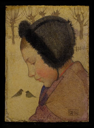 Hoofd van een Jong Meisje in een Bontmuts door Marianne Stokes