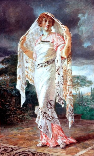 Portret Henriette Fortunys in Pompejaanse kleding door Mariano Fortuny y Madrazo