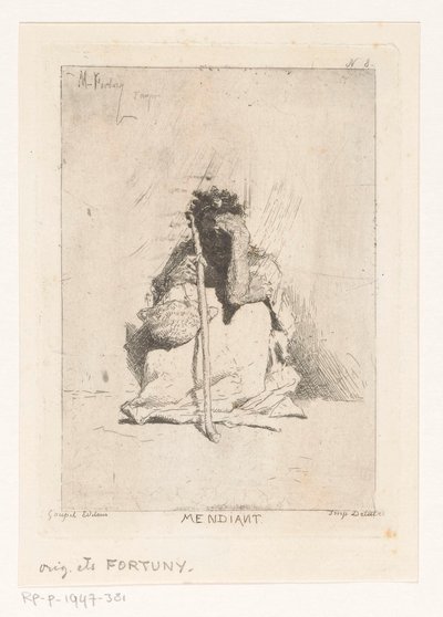 Zittende bedelaar met stok door Mariano José María Bernardo Fortuny y Carbó