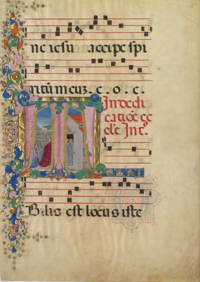 Manuscriptblad met de Inwijding van een Kerk in een Initiaal T, uit een Graduale, 2e helft 15e eeuw door Mariano del Buono