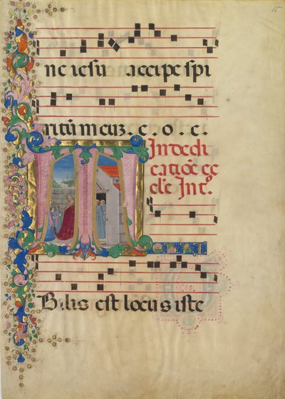 Manuscriptblad met de Inwijding van een Kerk in een Initiaal T, uit een Graduale, tweede helft 15e eeuw door Mariano del Buono