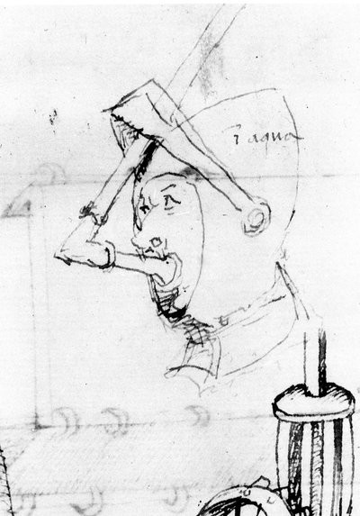 Tekening die de transformatie van een helm in een onderwatermasker weergeeft. Het vizier wordt gebruikt om de ademhalingsbuis vast te houden - in 