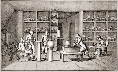 Antoine Laurent de Lavoisier (1743-1794), Franse chemicus die een experiment uitvoert over de ademhaling van een rustende man. Tekening door mevrouw Lavoisier. Parijs 18e eeuw. Leemage collectie. door Marie Anne Pierrette Lavoisier