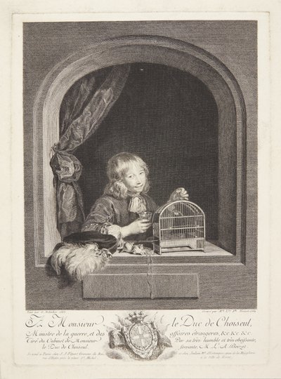 Een jongen met een vogelkooi in een raam door Marie Louise Adélaïde Boizot