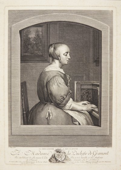 Een Nederlandse vrouw speelt klavecimbel, gezien door een raam door Marie Louise Adélaïde Boizot