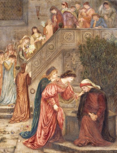 Bepaalde dames van haar gezelschap verzamelden zich met Beatrice toen ze alleen in haar verdriet was, en terwijl ze in en uit liepen, hoorde ik hen over haar spreken. door Marie Spartali Stillman