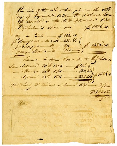 Document betreffende verkoop van slaven en aandeel dat naar verschillende individuen gaat, november 1831 door Marie Therese Cerre Chouteau