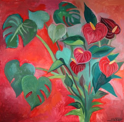 Tropische Monstera- en Anthuriumbloemen door Marina Gorkaeva