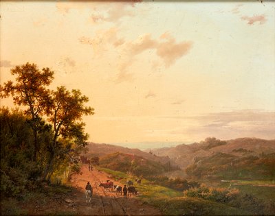 Herders en hun vee op een landweg, met een verre landschap door Marinus Adrianus Koekkoek