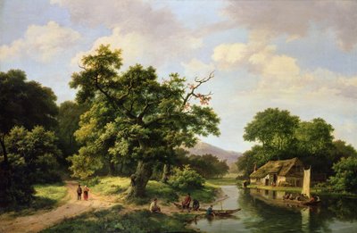 Bosrijk Rivierlandschap met Boeren die een Veerboot Lossen door Marinus Adrianus Koekkoek