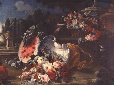 Stilleven, gemengde bloemen en fruit bij een fontein door Mario (follower of) Nuzzi