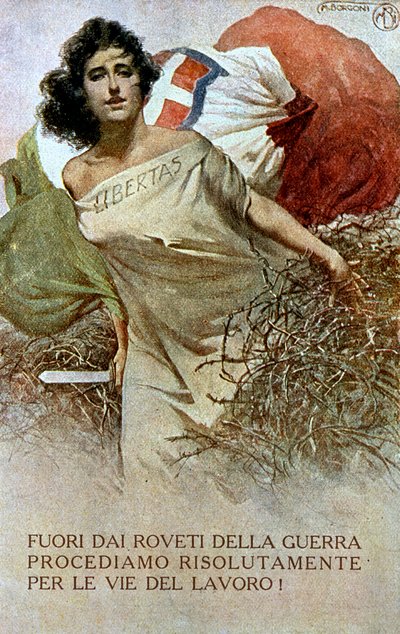 Tekening van een allegorie van Italië bevrijd van het juk van de Eerste Wereldoorlog door Mario Borgoni