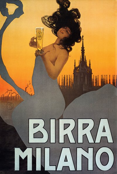 Poster die Birra Milano adverteert, Italië, ca. 1900 door Mario Borgoni