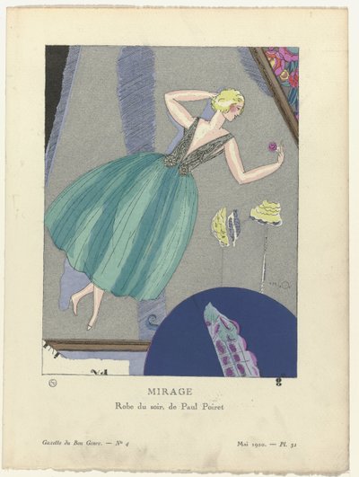 Gazette du Bon Ton, 1920 - No. 4, Pl. 31: Mirage. Robe du soir, de Paul Poiret. door Mario Simon