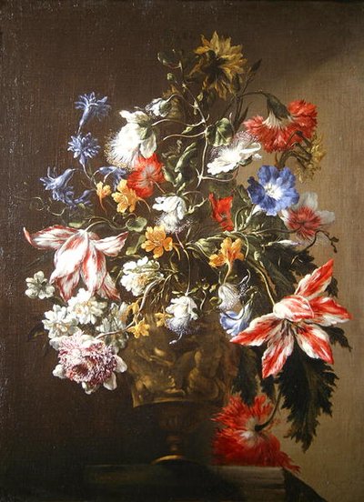 Een stilleven van bloemen in een vaas door Mario dei  Fiori