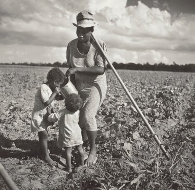 Zwarte vrouw geeft haar kinderen te drinken in het veld waar ze katoen schoffelt op een FSA coöperatief project (Allen Plantation) door Marion Post Wolcott