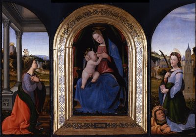 Maria lactans op de troon met de heiligen Catharina van Alexandrië en Barbara en haar vader Dioscurus, 15e eeuw door Mariotto Albertinelli