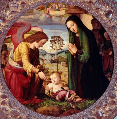 Heilige Familie met een Engel (schilderij door Mariotto Albertinelli) door Mariotto Albertinelli