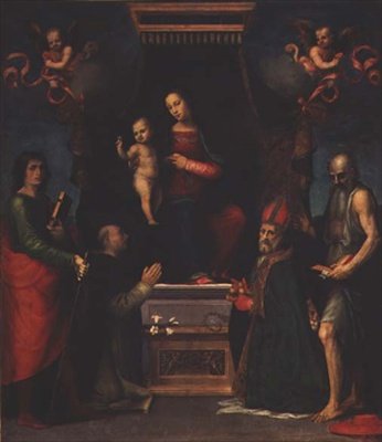 Madonna en Kind met Sint Julianus, Sint Dominicus, Sint Nicolaas van Bari en Sint Hiëronymus door Mariotto Albertinelli