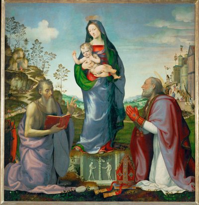 De heilige Hiëronymus en de heilige Zenobe aanbidden het Kind Jezus ... door Mariotto Albertinelli