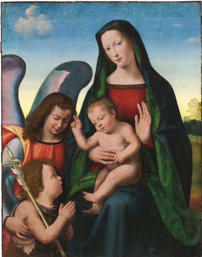 De Madonna en Kind met de jonge Sint Jan de Doper en een engel door Mariotto Albertinelli