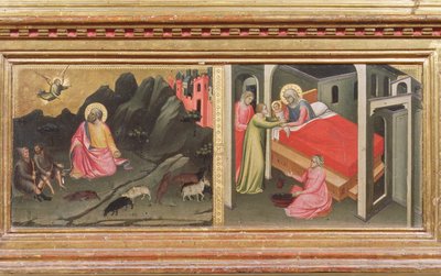 Madonna en Kind met Heiligen, detail van de predella die de Aankondiging aan Joachim en de Geboorte van de Maagd uitbeeldt (detail) door Mariotto di Nardo