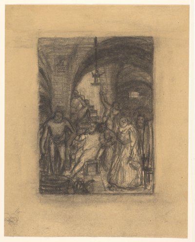 Bijeenkomst, mogelijk een bacchanaal, in een ruimte met gewelven door Marius Holleman (signed by artist)
