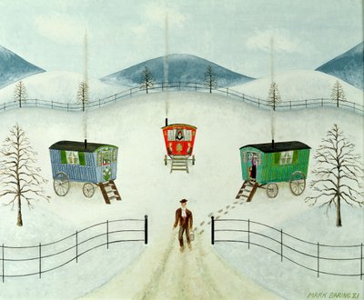 Woonwagens in de sneeuw door Mark Baring