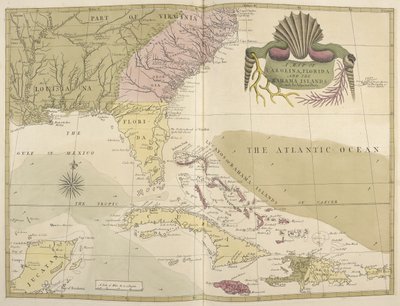 Een kaart van Carolina, Florida en de Bahama-eilanden door Mark Catesby