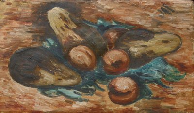 Aubergines en granaatappels door Marsden Hartley