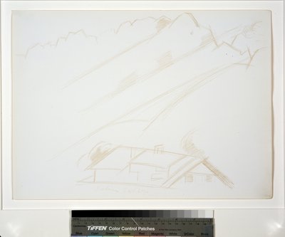 Berglandschap, gebouw op de voorgrond door Marsden Hartley