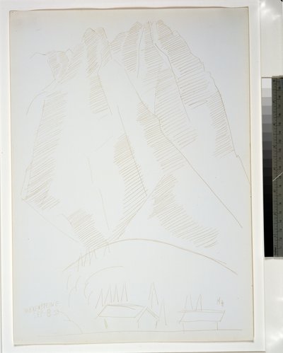 Berglandschap met twee gebouwen op de voorgrond door Marsden Hartley
