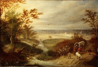 Een uitgestrekt bebost landschap met een wagen bij een doorwaadbare plaats door Marten (attr. to) Ryckaert