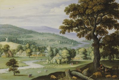 Een rivierdal met een varkenshoeder rustend onder een boom op de voorgrond, een gehucht daarachter door Marten Ryckaert
