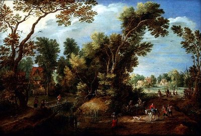 Bebost Rivierlandschap met Figuren door Marten Ryckaert