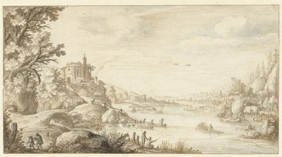 Heuvelachtig landschap met een ronde kapel aan de oever van een rivier door Marten de Cock