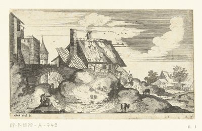 Landschap met stadspoort door Marten de Cock