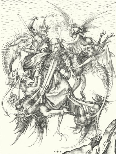 Verleiding van St. Antonius (gravure) door Martin (after) Schongauer