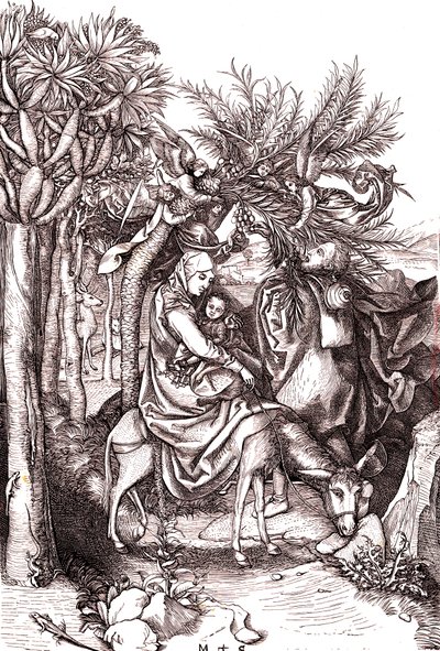 De vlucht naar Egypte, de Heilige Familie door Martin (after) Schongauer