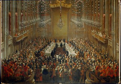 Banket ter gelegenheid van het huwelijk van Keizer Jozef II en Isabella van Parma op 06/10/1760. Met Mozart in het orkest door Martin (and studio) Mytens or Meytens