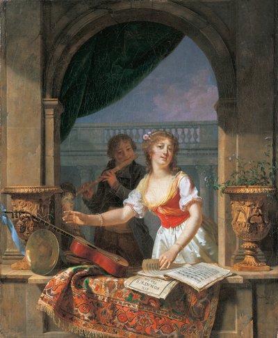 Een Jonge Dame die naar een Gitaar Reikt bij een Stenen Vensterbank en een Jongen die Fluit Speelt daarachter, 1796-97 door Martin Drölling